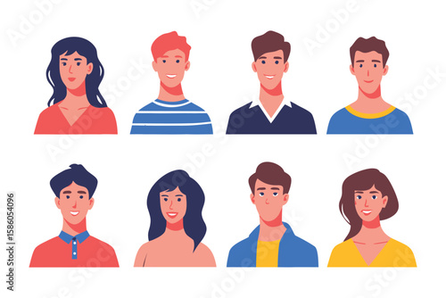 Diverse Avatar Set: A set of diverse avatars representing various individuals with different appearances and styles, ideal for illustrating user profiles or character selections. 