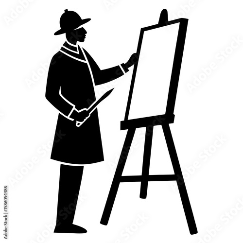Artist painting on easel canvas brush