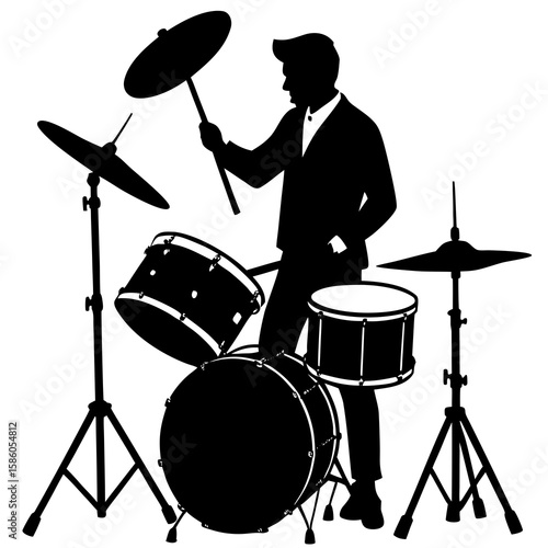 Black silhouette of a drummer playing a drum kit drum set