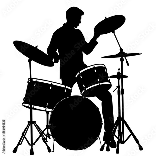 Black silhouette of a drummer playing a drum set drums