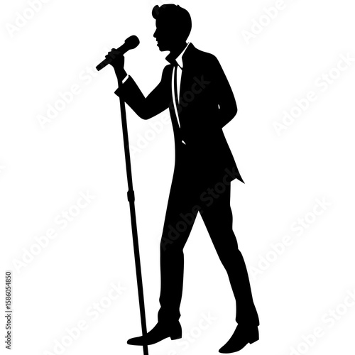 Black silhouette of a male singer with microphone vector