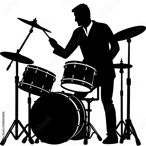 Black silhouette of a drummer playing a drum set music