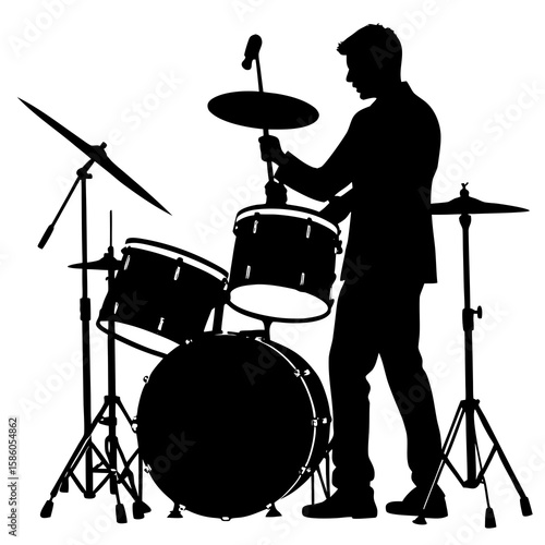 Black silhouette of a drummer playing a drum set white