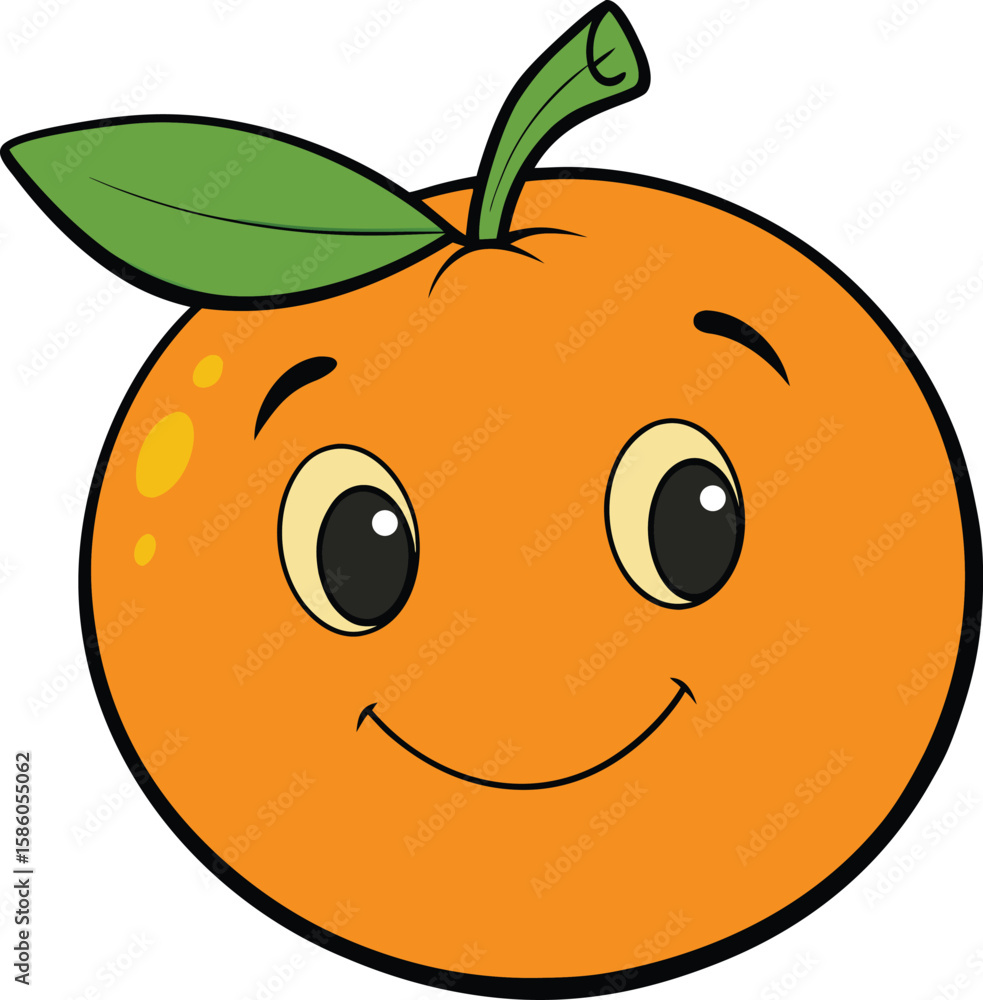 Fototapeta premium Cute cartoon orange with a happy face and green leaf isolated on white background