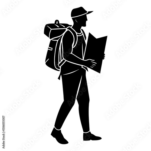 Black silhouette of man with backpack and map walking