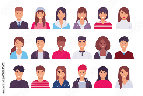 Diverse Faces in Harmony: A collection of vibrant, modern illustrations of diverse individuals, each with unique expressions, symbolizing inclusivity, community, and connection.