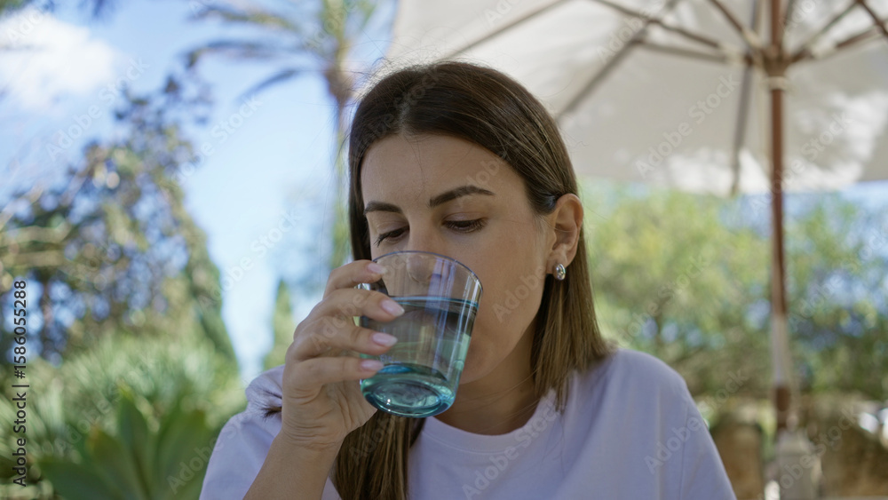 Woman drinking water at outdoor mediterranean restaurant under umbrella surrounded by lush greenery showcasing relaxed dining setting on a sunny day. Woman drinking water at outdoor mediterranean restaurant under umbrella surrounded by lush greenery showcasing relaxed dining setting on a sunny day.
