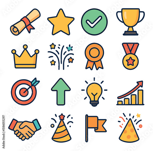 Diploma & Success Symbols modern flat style . Diploma, Star, Checkmark, Trophy, Crown, Firework, Ribbon, Medal, Target, Up arrow, Lightbulb, Chart growth, Handshake