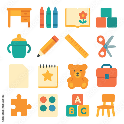 Desk & Children’s Corner modern flat style . Desk, Crayons, Coloring book, Toy blocks, Sippy cup, Pencil, Ruler, Scissors, Paper sheet, Drawing pad, Teddy bear, Lunchbox