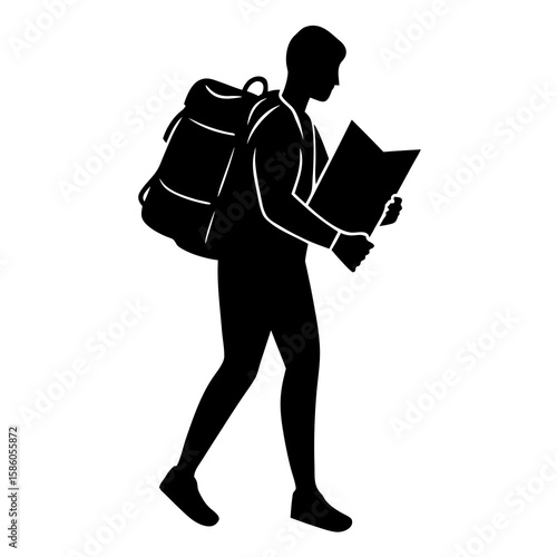 Man with backpack reading map walking