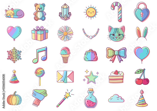 Colorful collection of cute icons including toys, sweets, and decorative items