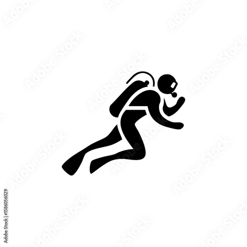 Minimalist black scuba diver icon with flippers and oxygen tank, representing underwater exploration, diving safety, and marine adventure.
