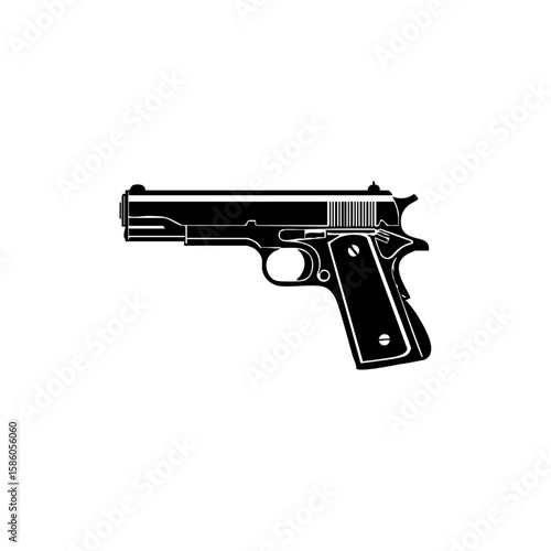 Minimalist black vector logo of a Colt-style handgun, representing power, weaponry, defense, and firearm symbolism.
