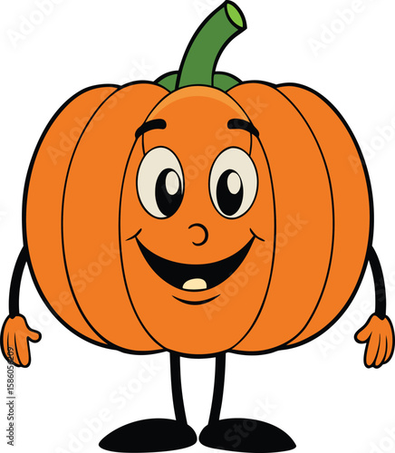 A cheerful cartoon pumpkin character with arms and legs standing happily isolated on white background