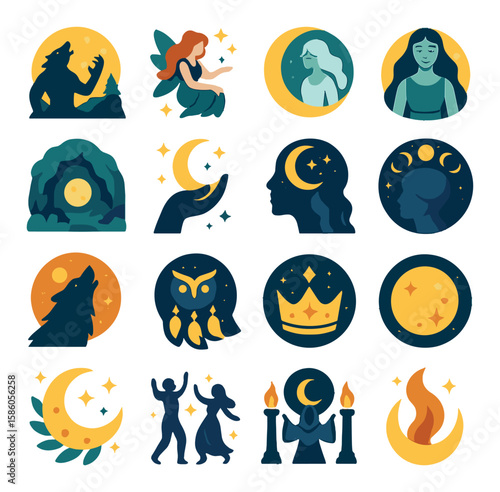 Mythology and Folklore modern flat style. werewolf transformation, moon fairy, lunar spirit, moon goddess icon, moonlit cave, crescent magic, moon and dreamcatcher, moon