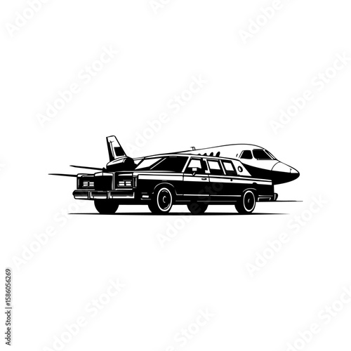 Vector logo of a classic limousine and private jet in elegant side view, representing VIP service, wealth, and executive mobility.
