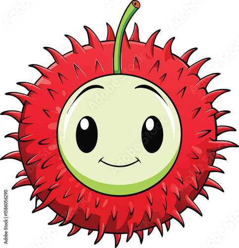 Cute cartoon rambutan character with a happy face and spiky red skin isolated on white background