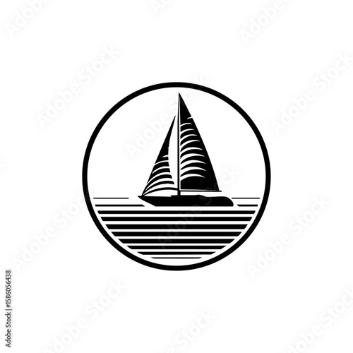 Minimalist black vector of a sailboat on stylized sea within a circle, representing adventure, freedom, and marine travel.

