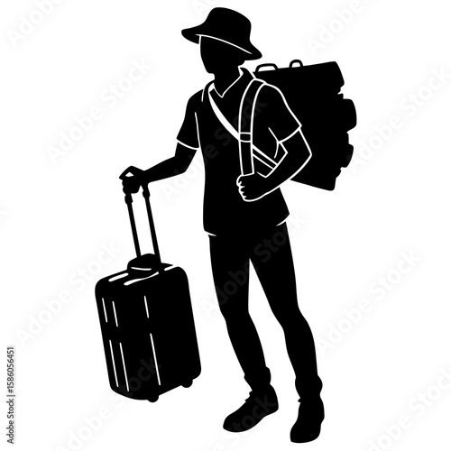 Person with hat backpack and suitcase silhouette traveler
