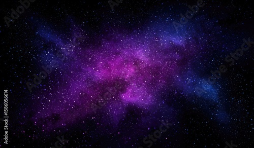 Cosmic nebula swirling in deep space.  Clusters of stars scattered across a backdrop of vibrant purple and blue nebulous clouds