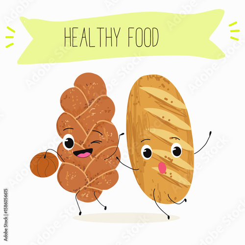Baked food funny characters, hand drawn vector illustration.