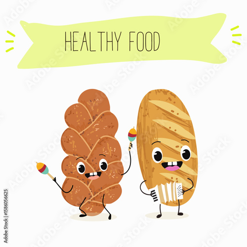 Baked food funny characters, hand drawn vector illustration.