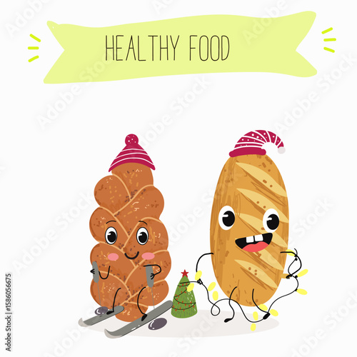 Baked food funny characters, hand drawn vector illustration.