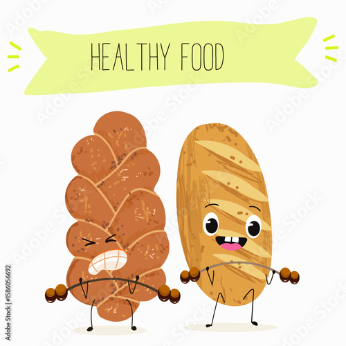 Baked food funny characters, hand drawn vector illustration.