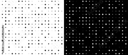 Abstract background with stars design. Black shapes on a white background and the same white shapes on the black side.