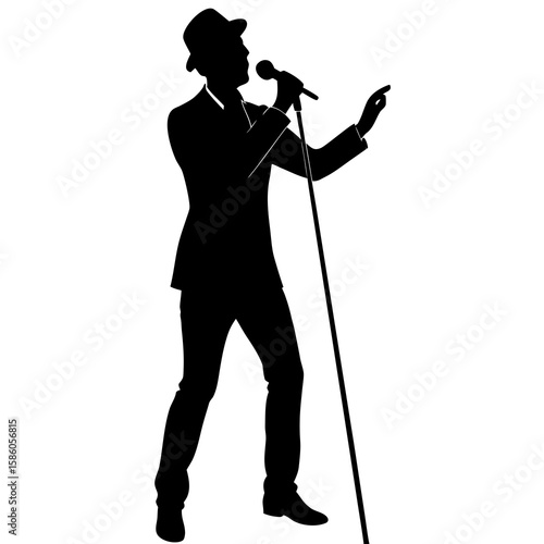 Singer in hat with microphone stand silhouette