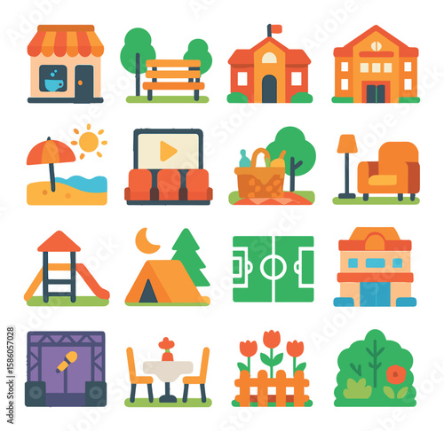 Friendship Places modern flat style. coffee shop, park bench, school, library, beach, movie theater, picnic spot, home living room, playground, campsite, sports field