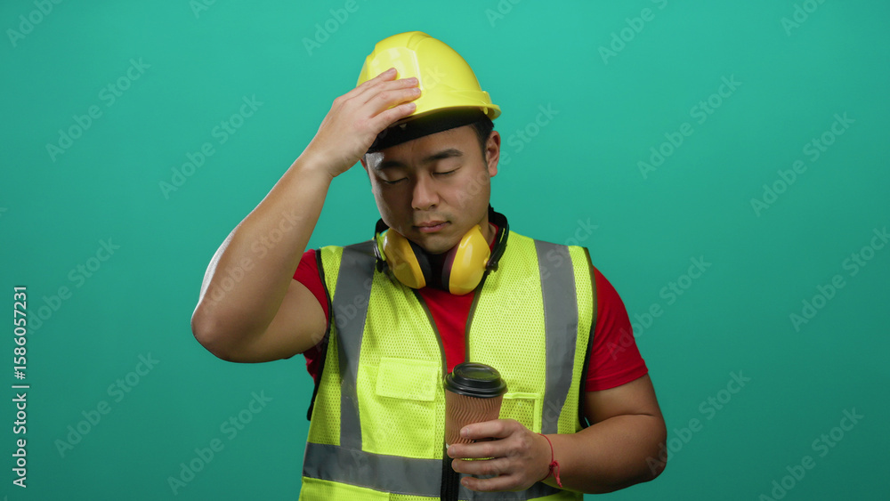 Asian man wearing construction gear and holding a coffee cup stands against a green background appearing tired. Asian man wearing construction gear and holding a coffee cup stands against a green background appearing tired.
