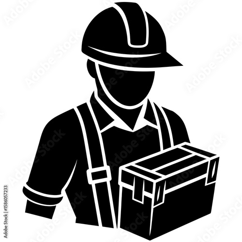 Worker holding toolbox helmet silhouette