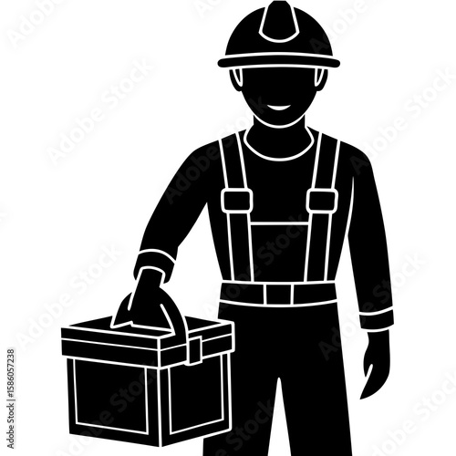 Worker with toolbox and hard hat overalls silhouette