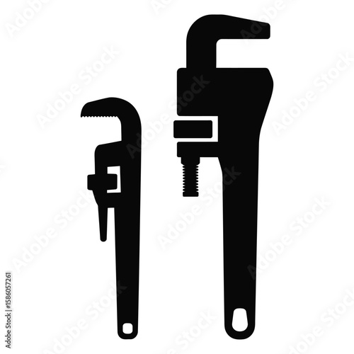 Silhouette of pipe wrench and plumbing tap in black and white vector isolated for plumbing and repair concept