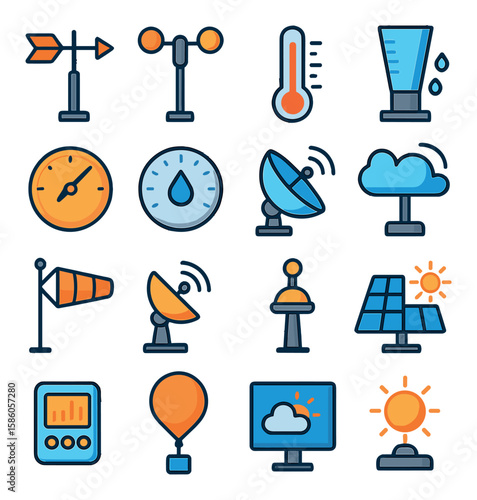 Weather Station Equipment modern flat style. weather vane, anemometer, thermometer, rain gauge, barometer, hygrometer, satellite dish, cloud sensor, wind sock, radar
