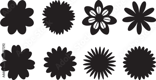 Eight black flower silhouettes simple vector shapes