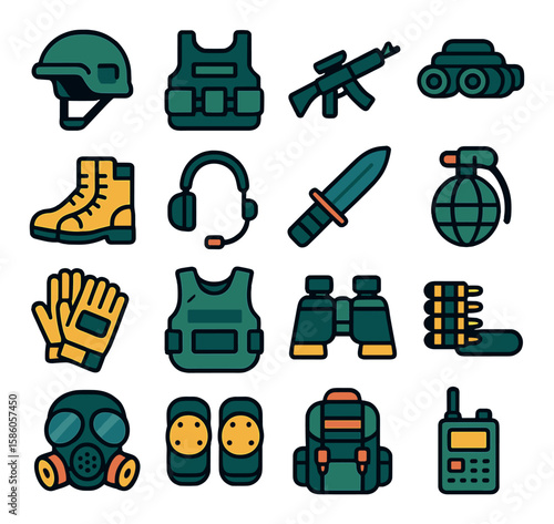 Modern Warriors modern flat style. combat helmet, tactical vest, assault rifle, night vision goggles, combat boots, radio headset, combat knife, grenade, tactical gloves
