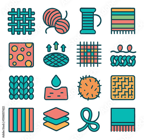 Fabric Types modern flat style. cotton weave, wool yarn, synthetic thread, handwoven textile, patterned cloth, breathable mesh, plaid fabric, loose stitch, tight knit