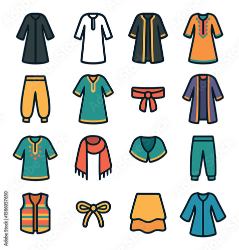 Middle Eastern Clothing modern flat style. abaya, thobe, bisht, sirwal, jalabiya, kaftan, waist sash, open robe, embroidered tunic, wrap shawl, robe collar, ankle pants