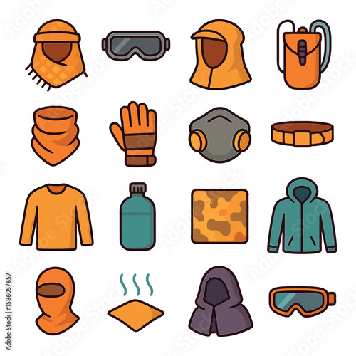Desert Survival Gear modern flat style. shemagh, tactical goggles, sun hood, hydration pouch, neck scarf, gloves, dust mask, utility belt, long sleeves, water flask