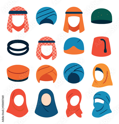 Traditional Headwear modern flat style. keffiyeh, turban, ghutrah, taqiyah, agal, shemagh, kufi, fez, pakol, turban wrap, dastar, dupatta, hijab, chador, scarf knot