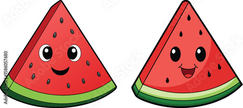 Two cute cartoon watermelon slices with happy faces and seeds isolated on white background