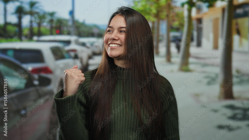 Fototapeta premium Woman smiling happily on a sunny street with parked cars and palm trees along the sidewalk.