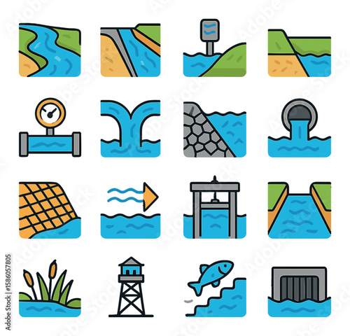 River Management modern flat style. riverbed, embankment, water level sensor, levee system, flow meter, diversion channel, riprap slope, drainage outlet, erosion control