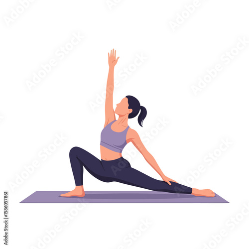 Woman in sportswear performing a yoga pose on a mat, arm raised, in a lunge position.
