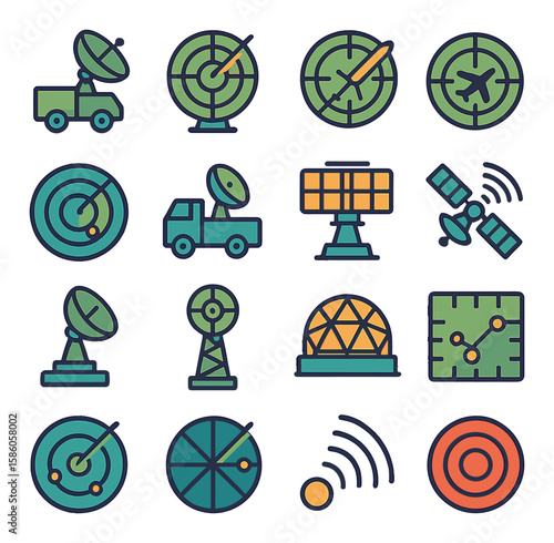 Military Radar modern flat style. mobile radar unit, radar antenna, missile lock, aircraft target, sonar ping, radar truck, early warning system, tracking satellite