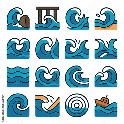 Water Wave Interactions modern flat style. wave hitting rock, wave under pier, wave meeting sand, split wave, wave bouncing back, two waves colliding, layered wave