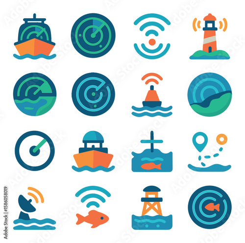 Marine Radar modern flat style. ship radar, ocean scan, sonar wave, lighthouse ping, harbor radar, marine echo, buoy signal, coastline radar, navigation ring, radar dome