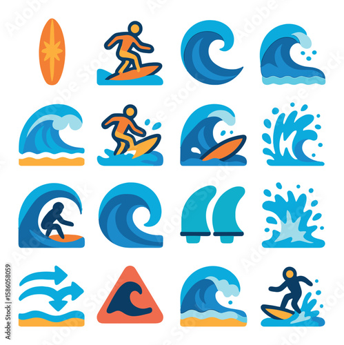 Surfing and Waves modern flat style. surfboard icon, surfer riding wave, wave curl, beach wave, breaking crest, wipeout icon, board on wave, surf spray, barrel wave